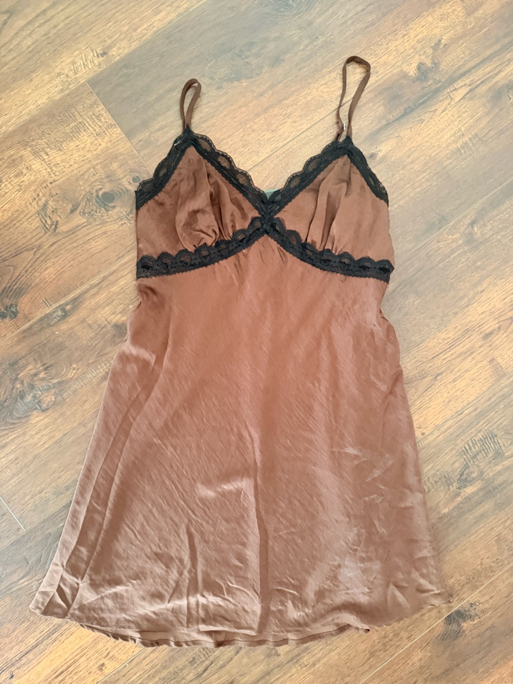 Brown Lace-Trim Slip Dress